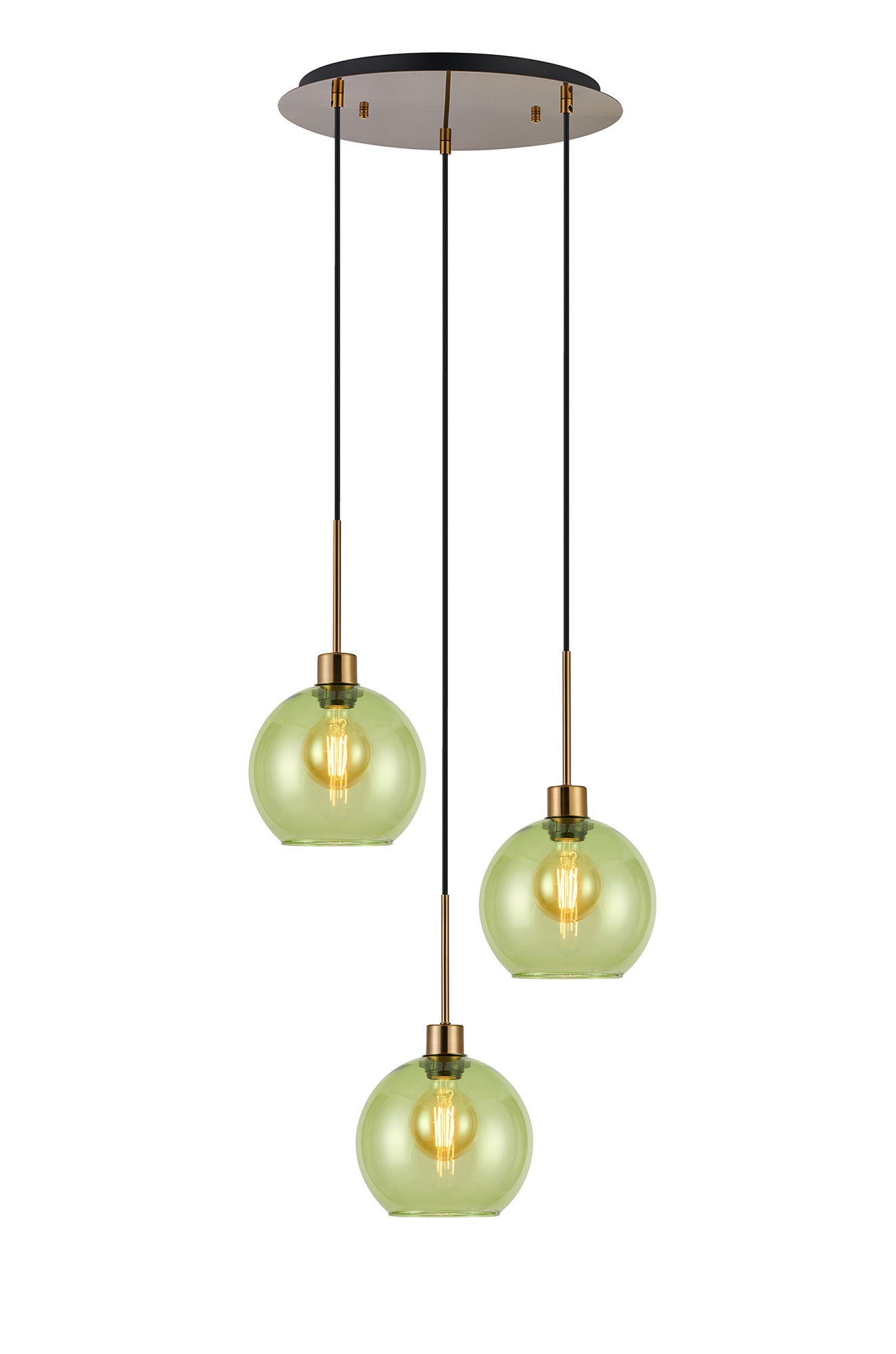 DK1179  Lori 40cm Round Pendant, 3 Light Adjustable E27, Antique Gold/Green Open Mouth Round Globe Shades